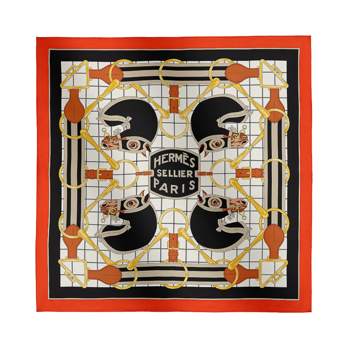 H001657S01 (W) Hermes Tatersale Forever Scarf 90 Vermillon Noir Blanc