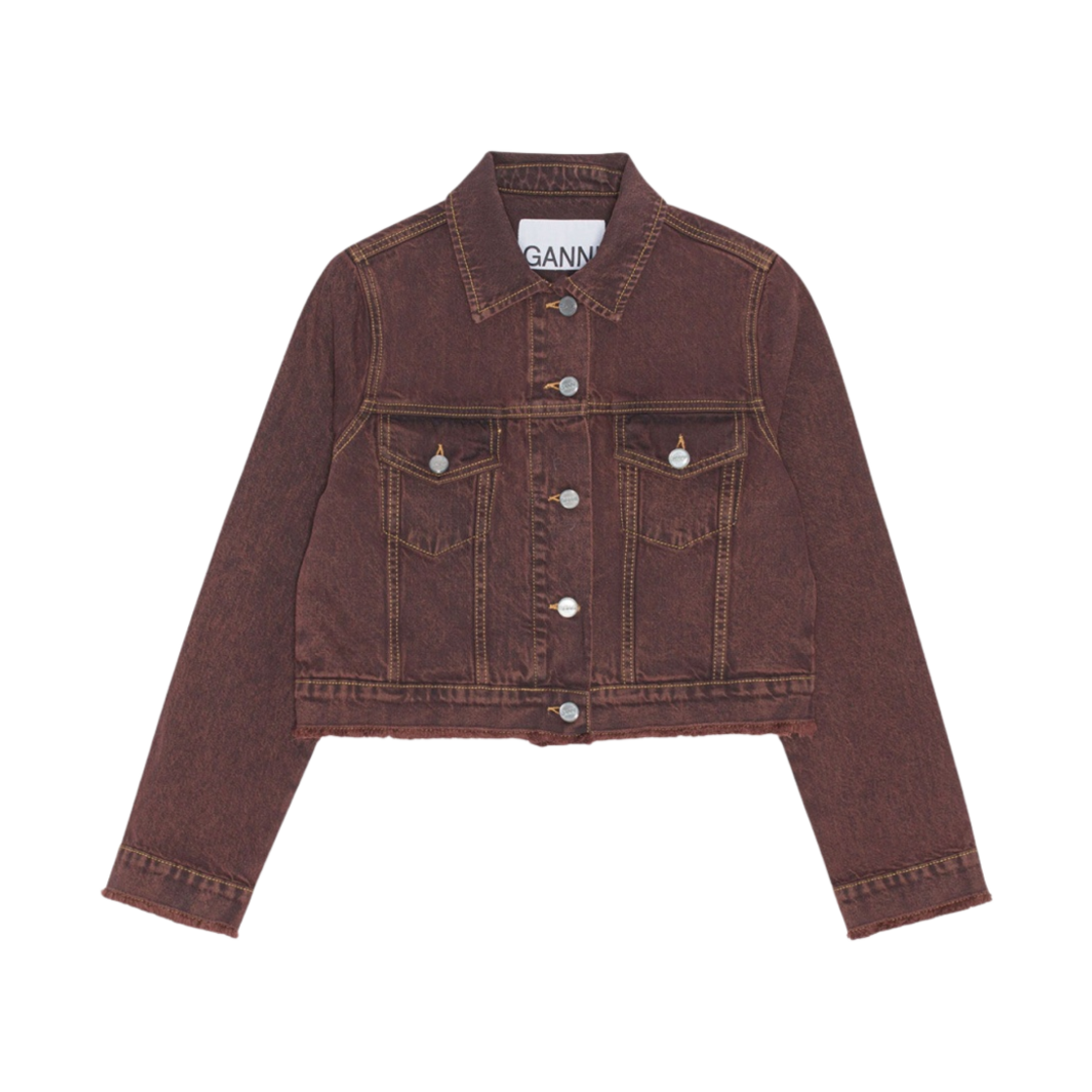 (W) 가니 오버다이드 블리치 데님 크롭 자켓 쉐이브드 초콜릿((W) Ganni Overdyed Bleach Denim Cropped Jacket Shaved Chocolate) - 1
