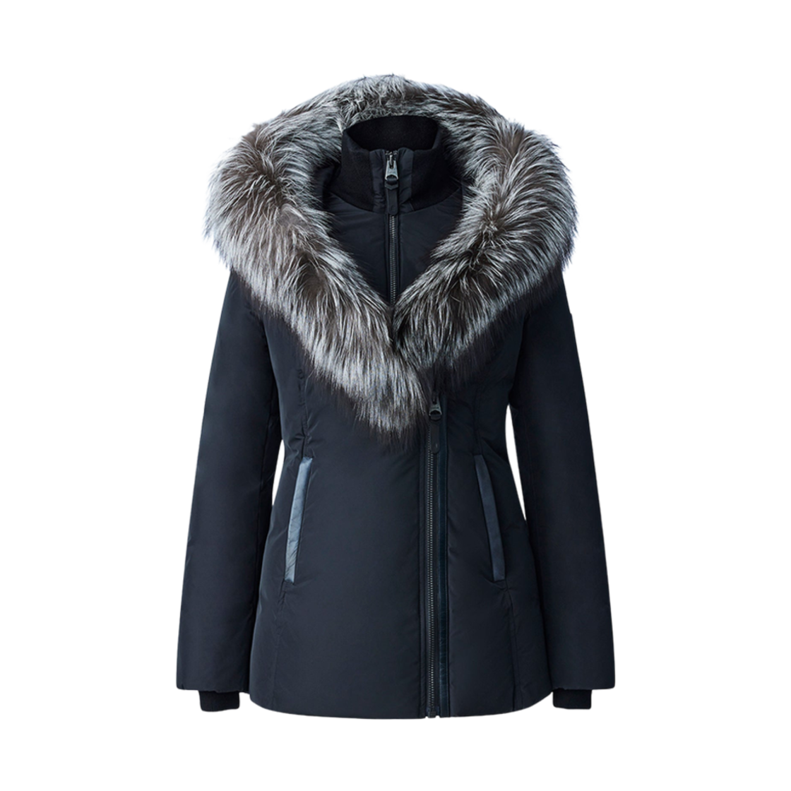 (W) 맥카지 아달리 다운 코트 실버 폭스 퍼 시그니쳐 맥카지 칼라 블랙((W) Mackage Adali Down Coat With Silver Fox Fur Signature Mackage Collar Black)