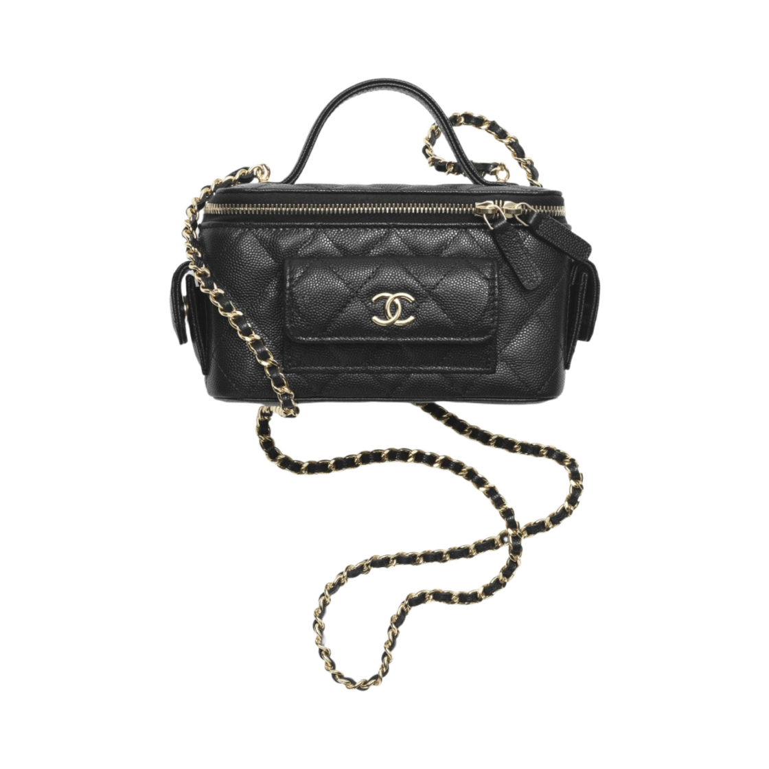 샤넬 체인 코스메틱 케이스 그레인드 샤이니 카프스킨 & 골드 메탈 블랙(Chanel Vanity With Chain Grained Shiny Calfskin & Gold Black) - 1
