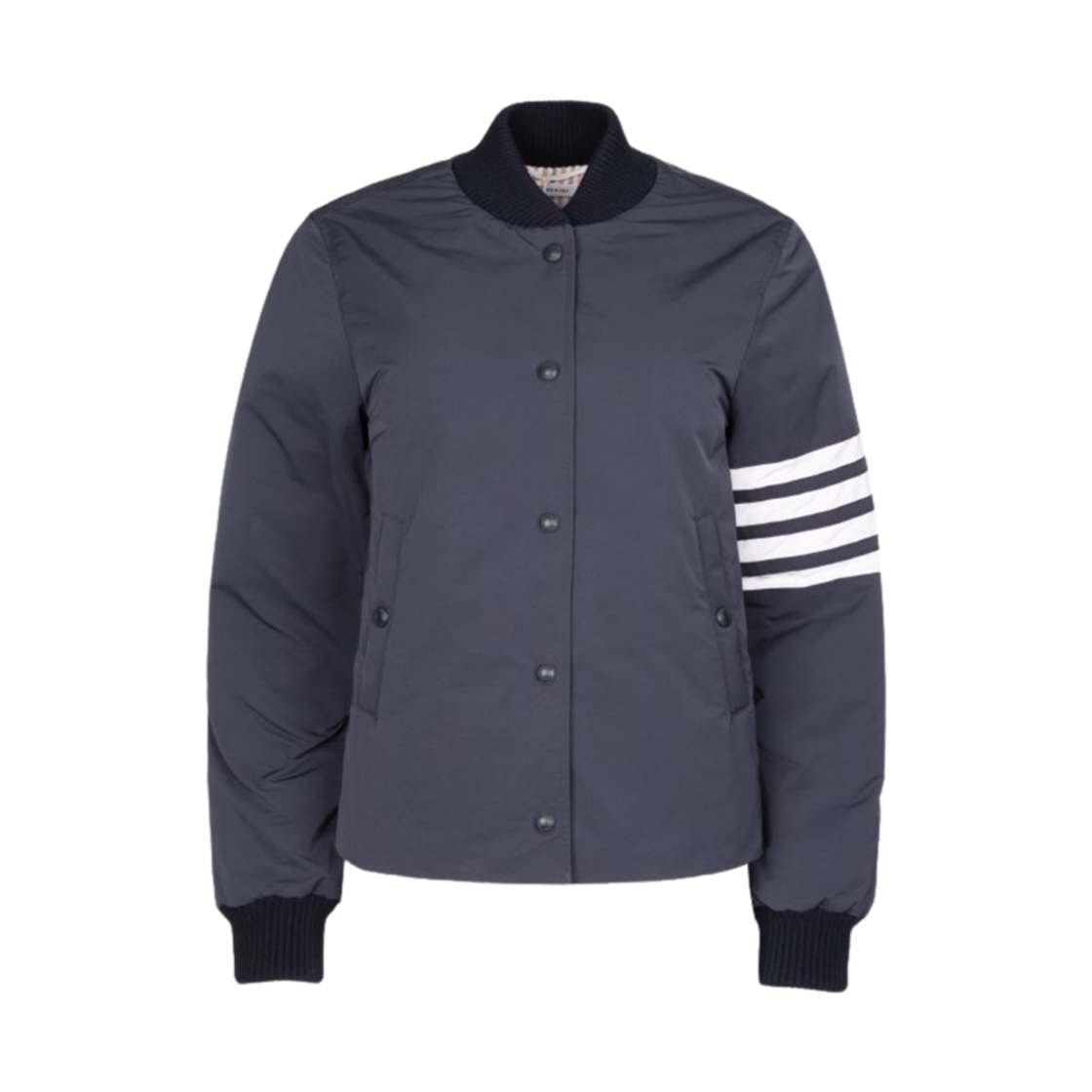 FBD042X-F0038-415 (W) Thom Browne 4-Bar Down Varsity Jacket Navy