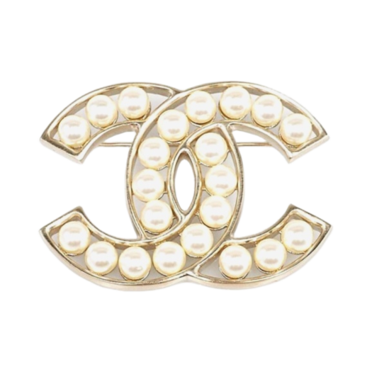 Chanel Brooch Metal Glass Pearls & Gold Pearly White