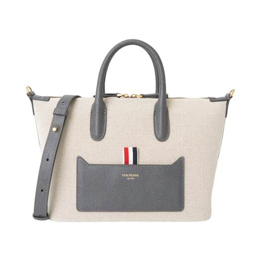 UAG164A-F0492-255 Thom Browne Cotton Canvas Grosgrain Small Tote Bag Natural