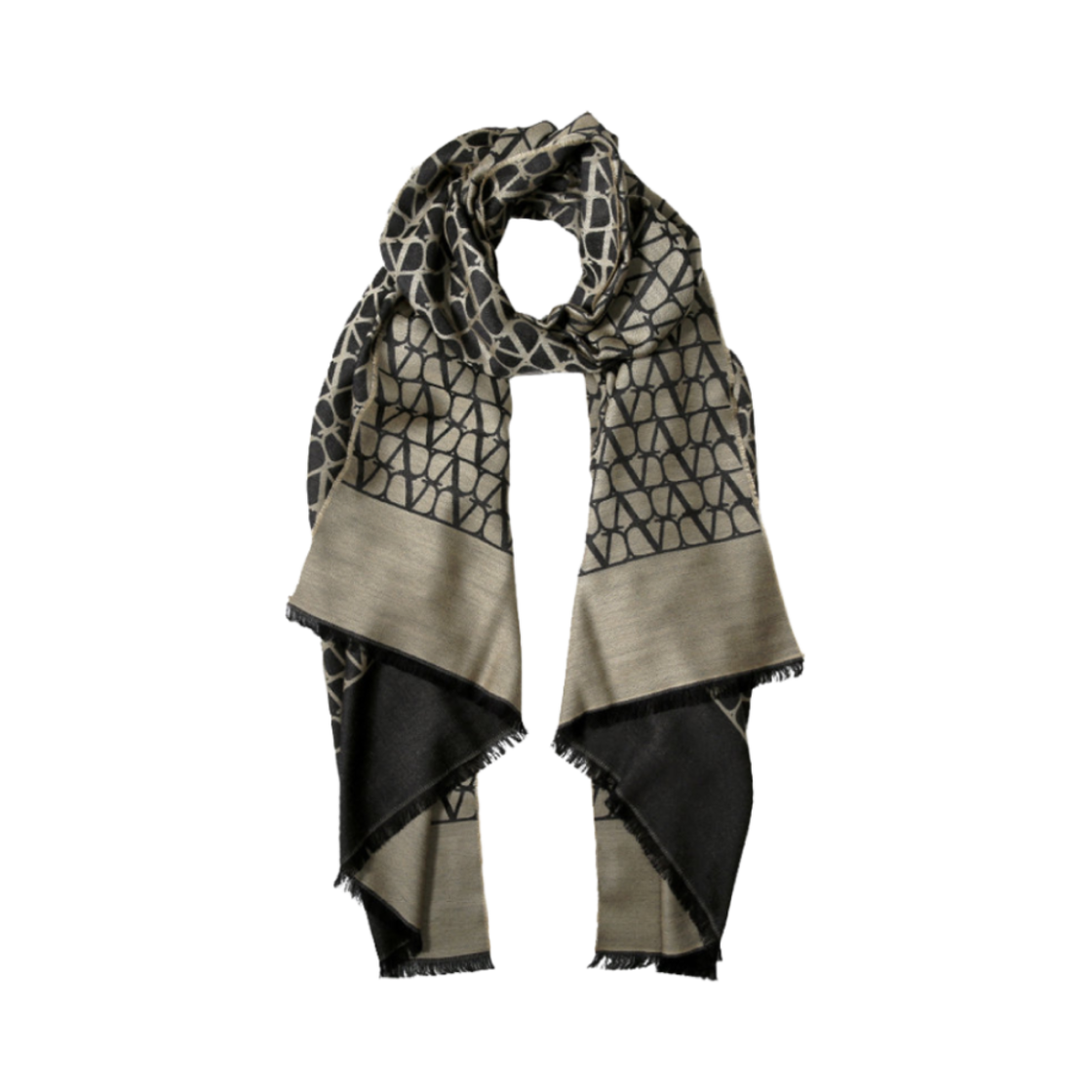 ED020HPQE21 Valentino Vlogo Signature Wool and Silk Scarf Beige Black