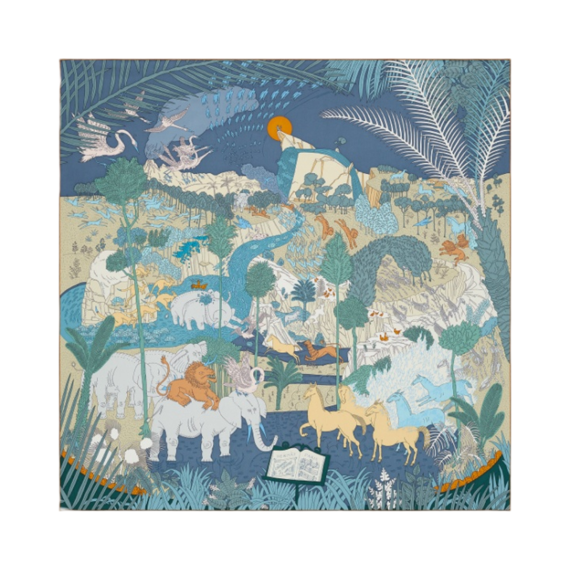 (W) 에르메스 르 카나발 데 아니모 스카프 90 블루 진 베르 베쥬((W) Hermes Le Carnaval des Animaux Scarf 90 Bleu Jean Vert Beige) - 1
