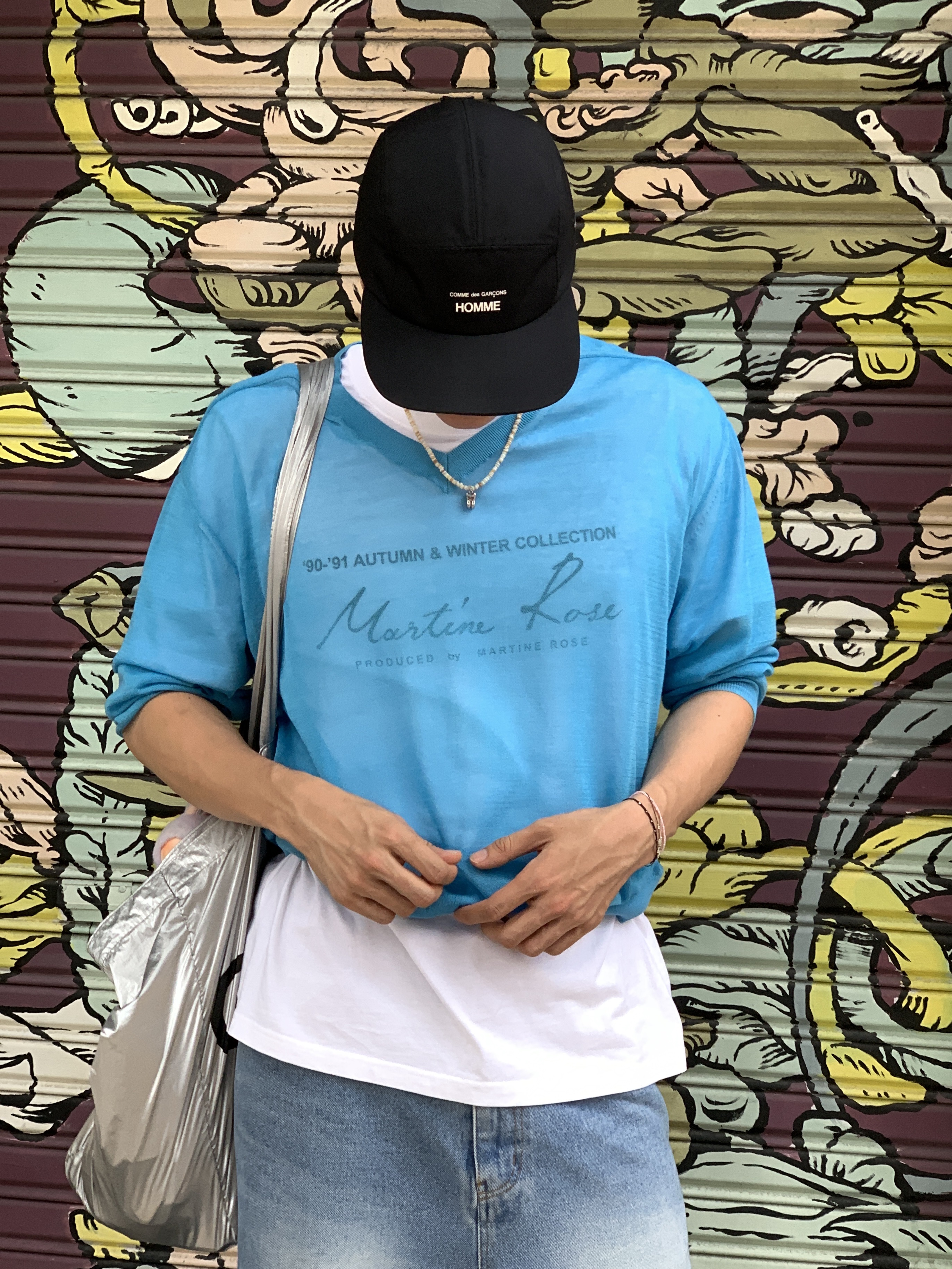STU Sheer V-neck Knit Sky Blue, Nike x Black Comme des Garcons Waffle Racer 2020 착용 스타일 - 4