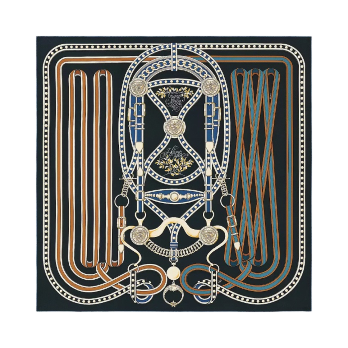 H003778S09 (W) Hermes Grand Tralala Scarf 90 Caramel Vert Noir Vanille - 대표 이미지 #1
