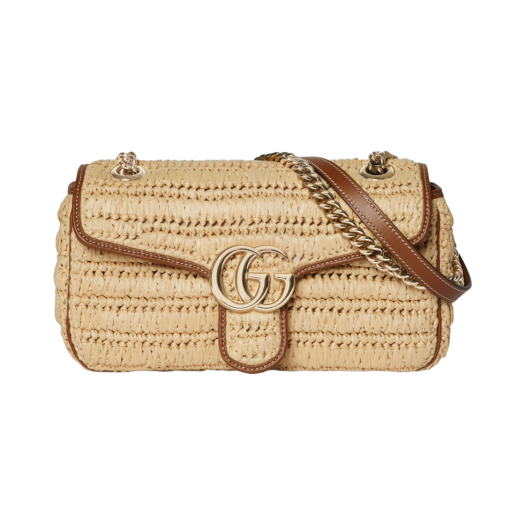 Gucci GG Marmont Woven Medium Shoulder Bag Natural Raffia Effect