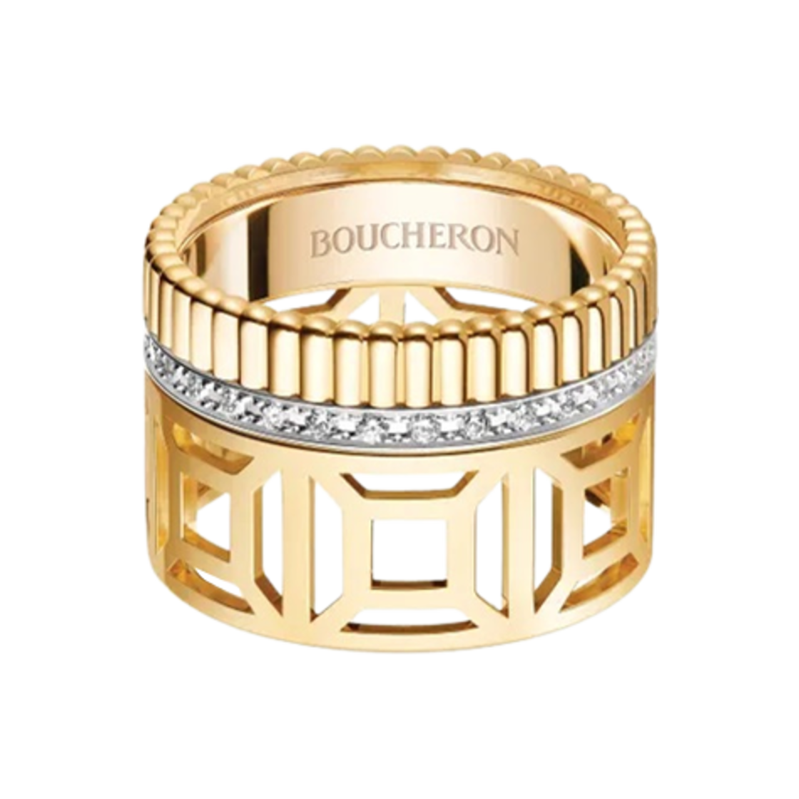 부쉐론 콰트로 레디언트 에디션 오픈워크 링 18K 옐로우 골드 화이트 골드 다이아몬드(Boucheron Quatre Radiant Edition Openwork Ring 18K Yellow Gold White Gold Diamond)