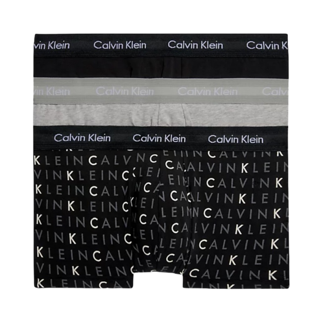 캘빈 클라인 코튼 스트레치 3팩 로우 라이즈 트렁크 그레이 헤더 섭듀드 로고(Calvin Klein Cotton Stretch 3-pack Low Rise Trunk Black Grey Heather Subdued Logo)