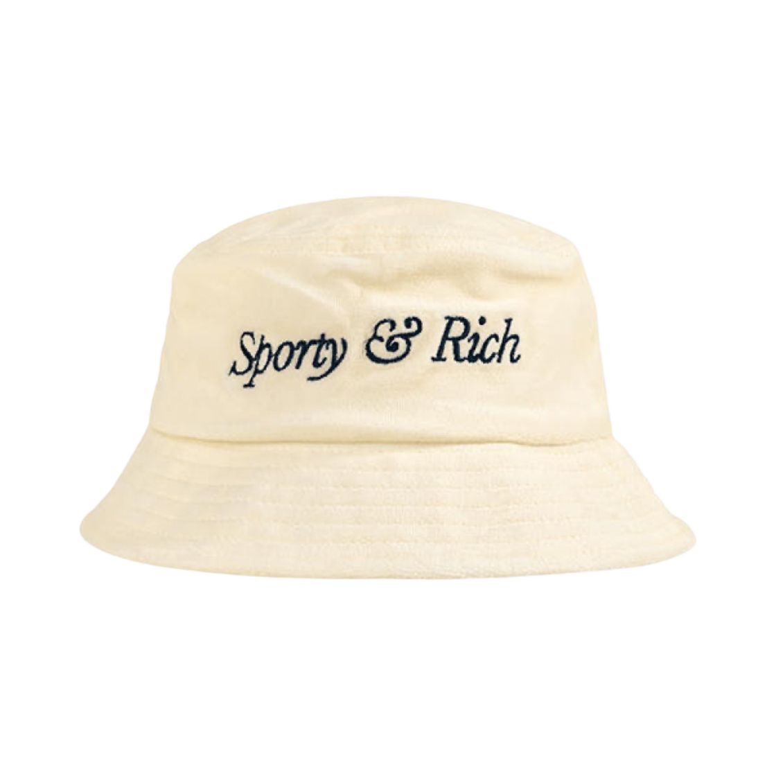 AC912CR Sporty & Rich Italic Logo Embroidered Velour Bucket Hat Cream Navy