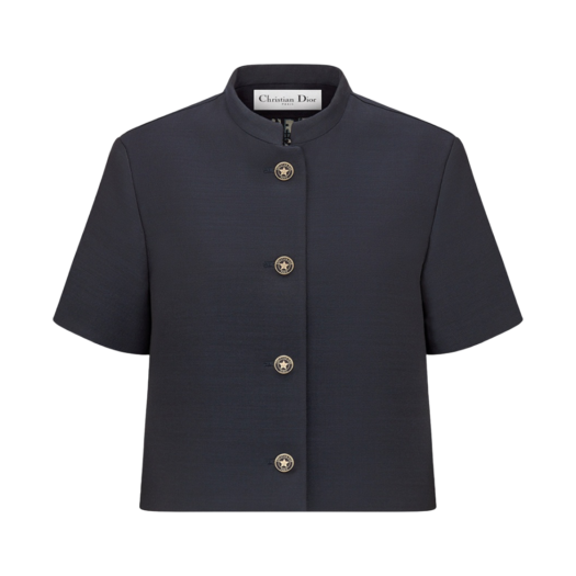 (W) Dior Short-Sleeved Jacket Navy Blue Silk Wool Twill
