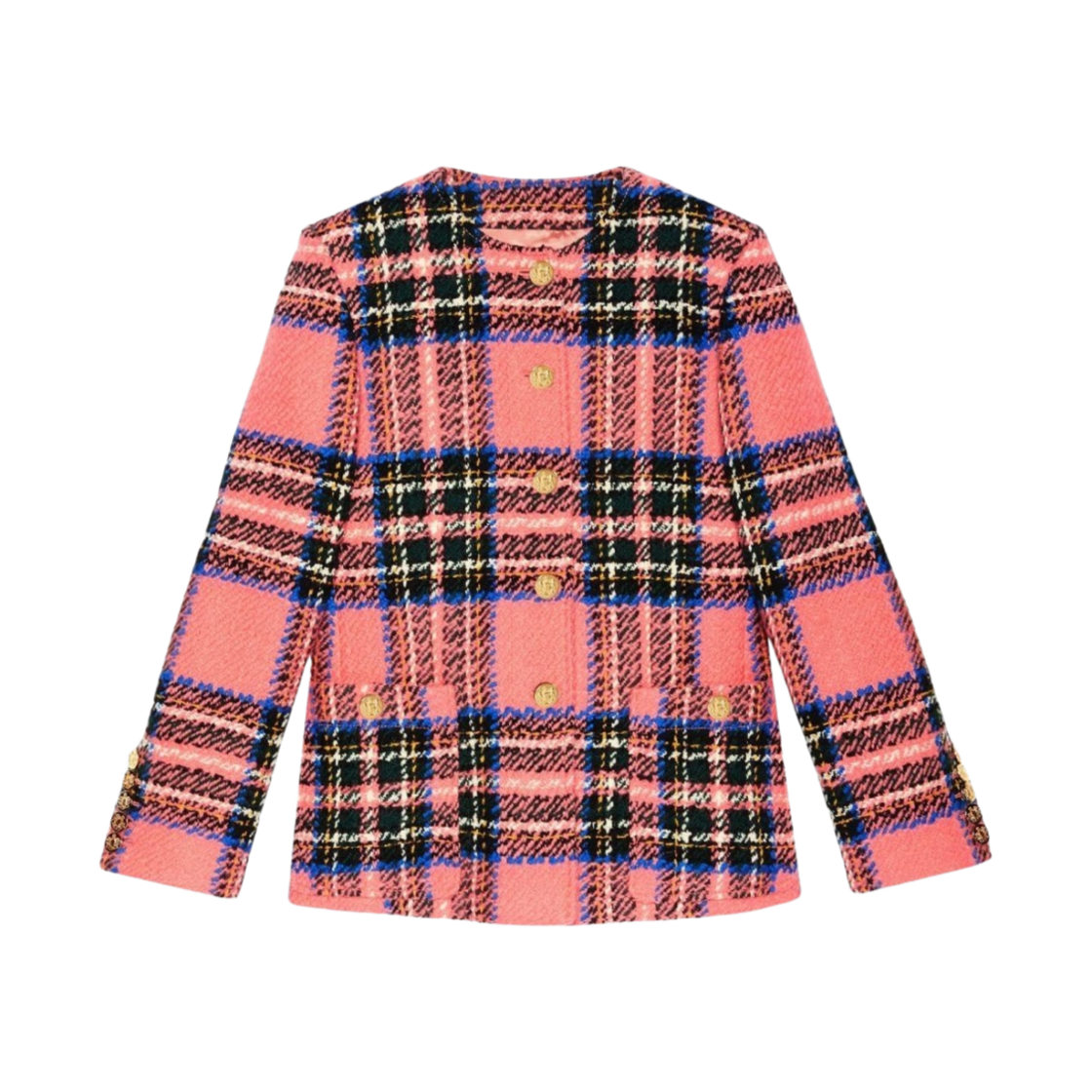 (W) 구찌 타탄 체크 울 부클레 자켓 핑크 블루((W) Gucci Tartan Check Wool Boucle Jacket Pink Blue) - 1