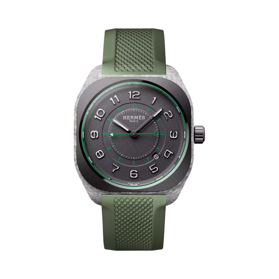 W402991WW00 Hermes H08 Watch Extra Large Vert Rubber Strap & Black Glass Fiber Composite