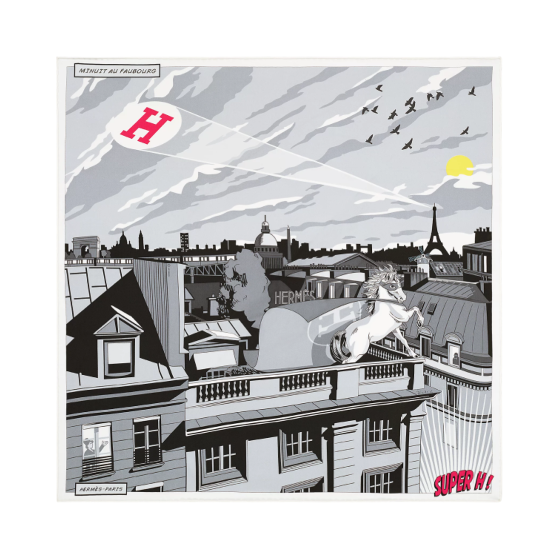 (W) 에르메스 미뉴엣 오 포부르 스카프 70 블랑 그리 누아((W) Hermes Minuit Au Faubourg Scarf 70 Blanc Gris Noir)