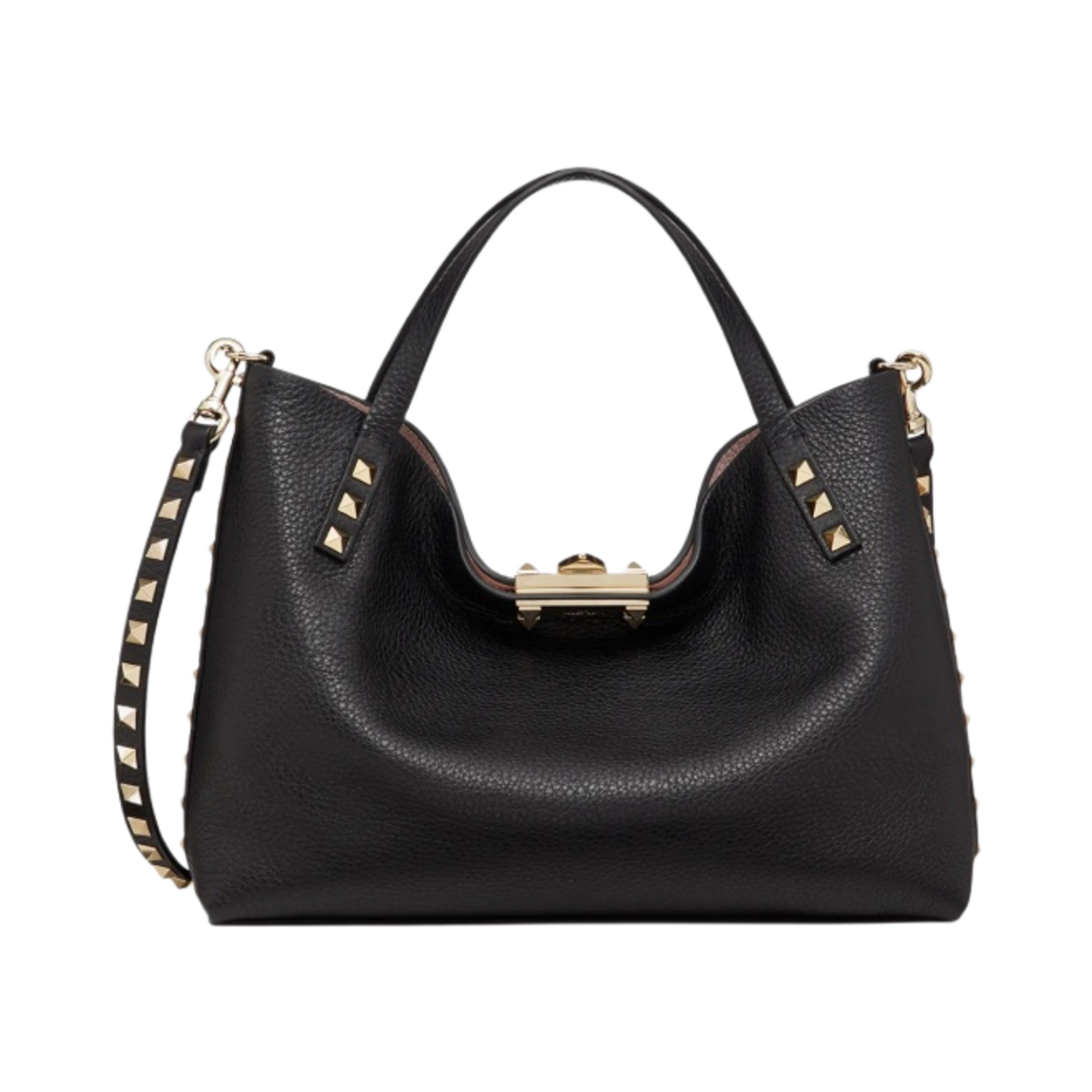 발렌티노 콘트라스팅 라이닝 스몰 그레이니 카프스킨 락스터드 백 블랙 로즈 쿼츠(Valentino Small Grainy Calfskin Rockstud Bag with Contrasting Lining Black Rose Quartz) - 1