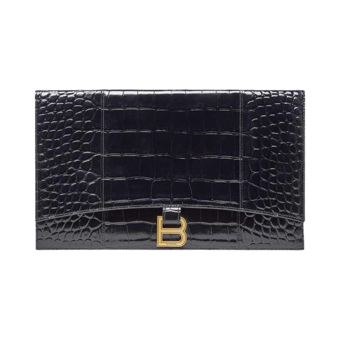 발렌시아가 아워글래스 플랫 파우치 플랩 크로커다일 엠보스 블랙(Balenciaga Hourglass Flat Pouch with Flap Crocodile Embossed Black) - 1