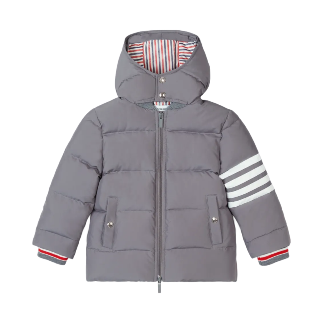 (키즈) 톰브라운 립스탑 다운 필드 후드 사선 파카 미디움 그레이((Kids) Thom Browne Ripstop Down Filled Hooded 4-Bar Parka Medium Grey)