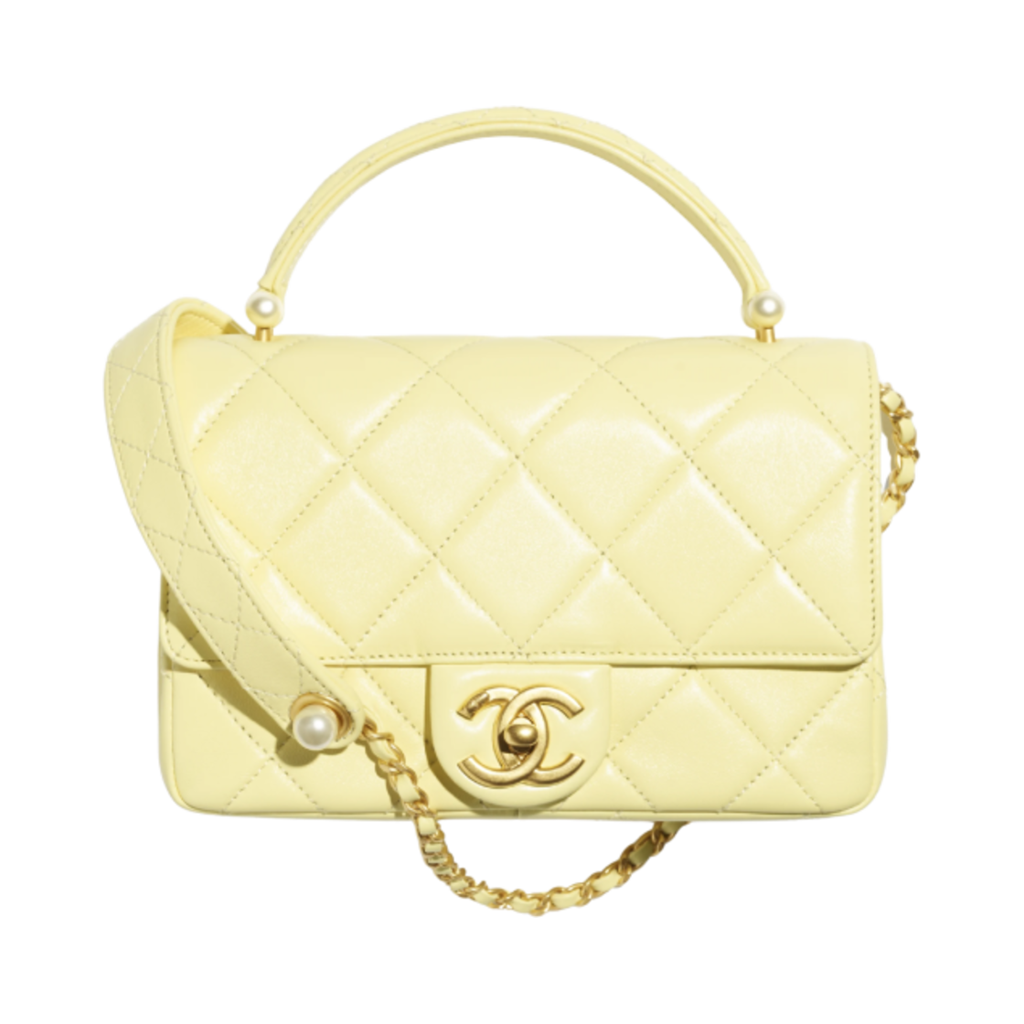 샤넬 미니 플랩백 탑 핸들 샤이니 램스킨 이미테이션 펄 & 골드 메탈 라이트 옐로우(Chanel Mini Flap Bag with Top Handle Shiny Lambskin Imitation Pearls & Gold Light Yellow) - 1