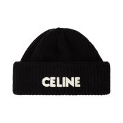 Celine Embroidered RIbbed Wool Beanie Black