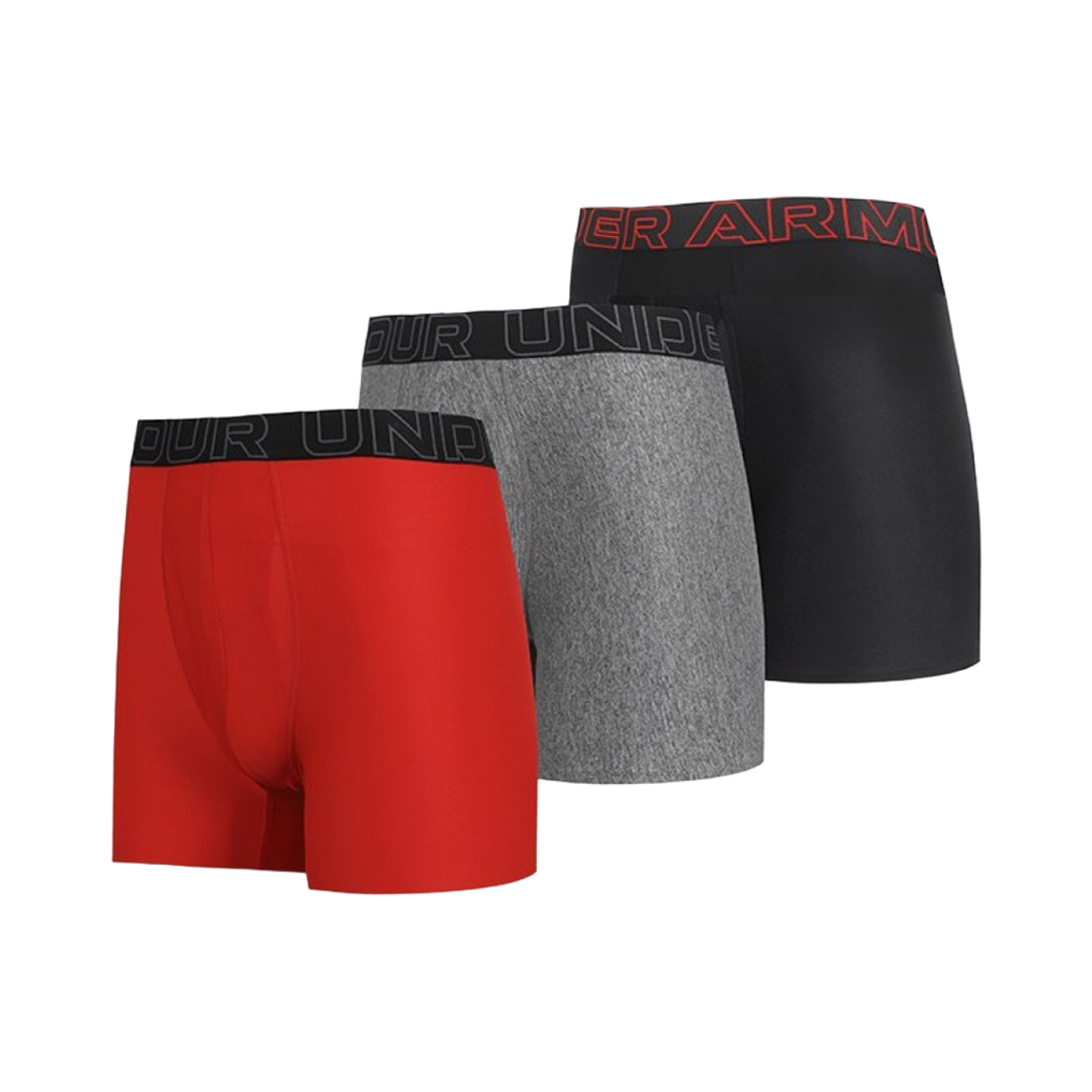 1383878-600 Under Armour Performance Tech 6 Inch Boxerjock Red Grey Black (3 Pack)