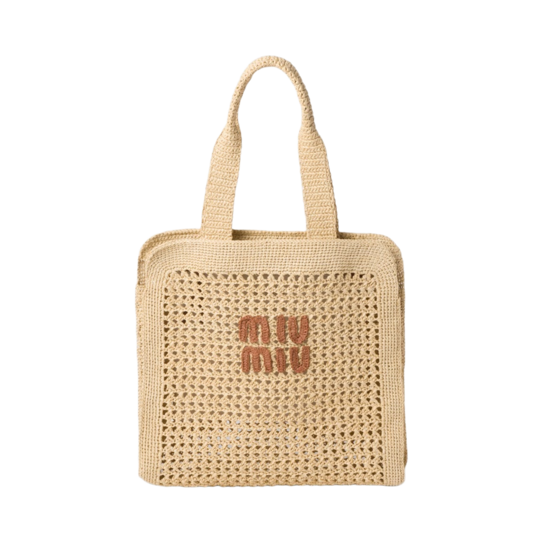 5BG230-2DO1-F0A5T Miu Miu Woven Fabric Tote Bag Beige Cognac