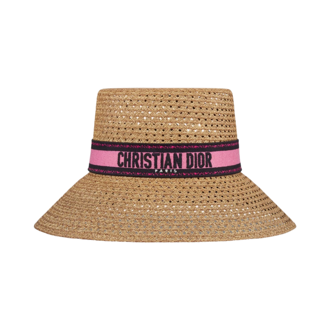 (W) 디올 D 바비 라지 스몰 버킷햇 내츄럴 스트로우 푸시아 블랙 자수 밴드((W) Dior D Bobby Large Brim Hat Natural Straw Fuchsia Black Embroidered Band) - 1