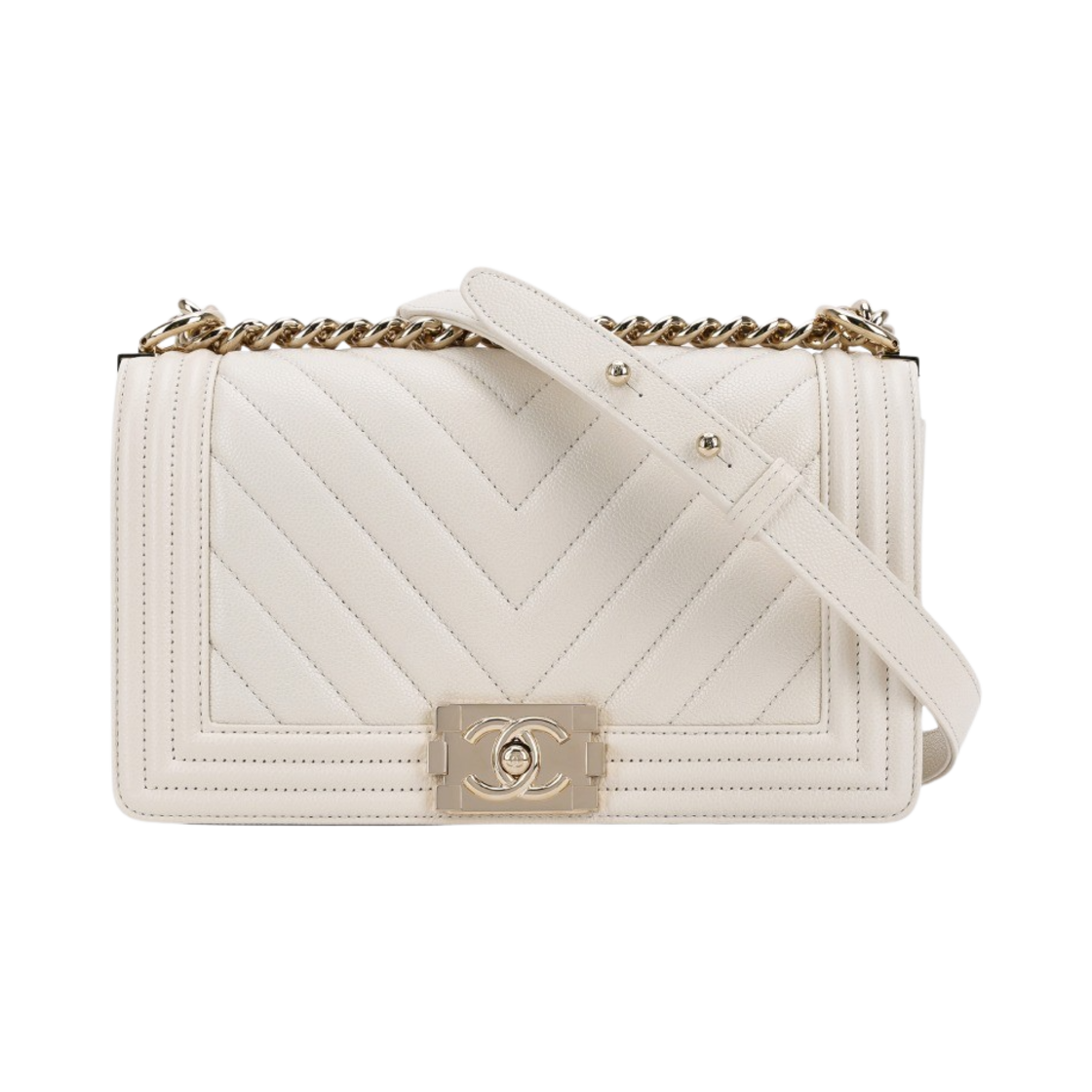 샤넬 보이 샤넬 미디움 플랩백 그레인드 카프스킨 & 골드 메탈 화이트