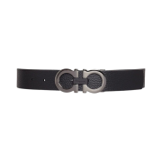 Ferragamo Reversible and Adjustable Textured Calfskin Leather Gancini Belt Black Hickory