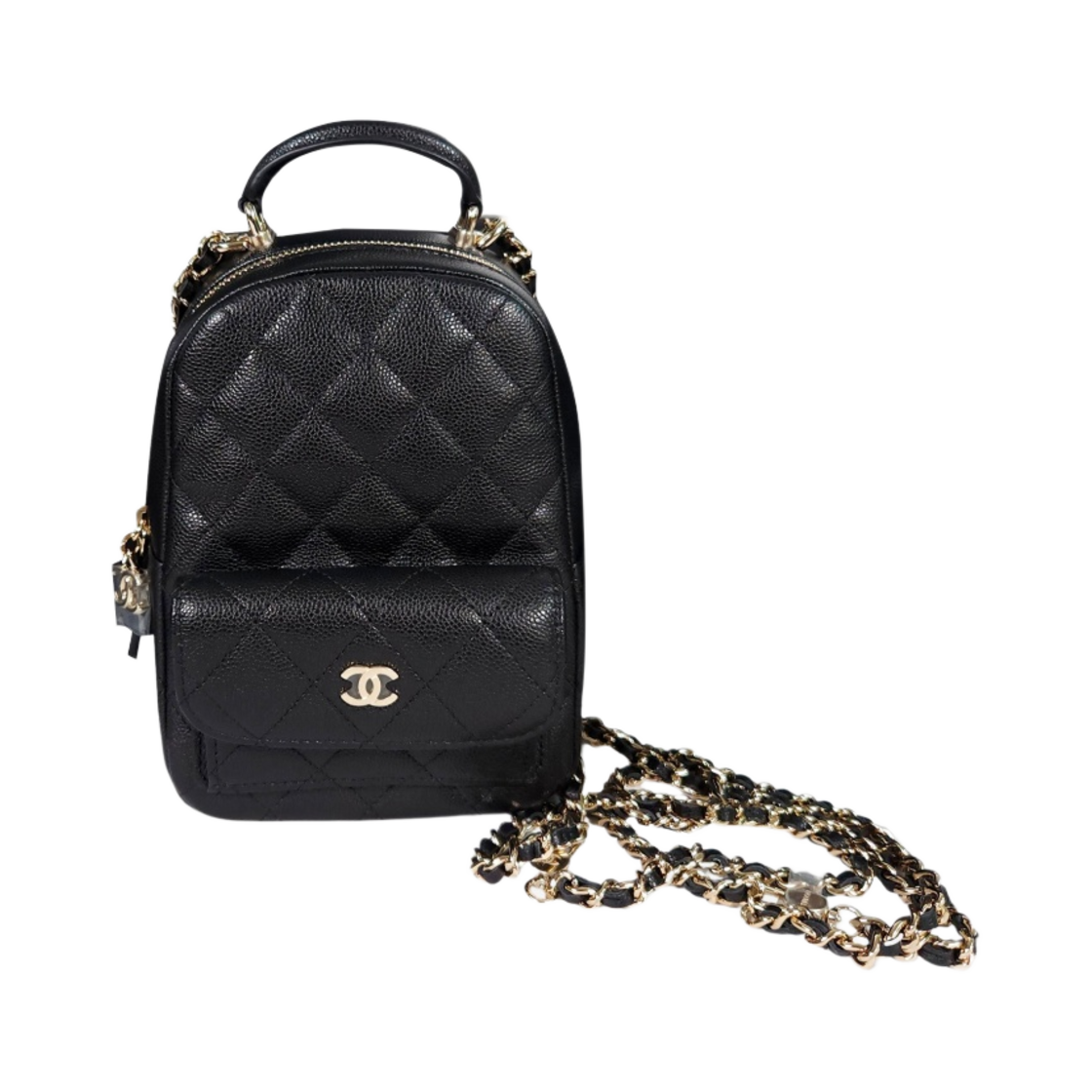샤넬 클래식 핸드폰 홀더 체인 달린 샤이니 카프스킨 & 골드 메탈 블랙(Chanel Classic Phone Holder Clutch with Chain Grained Shiny Calfskin & Gold Black)