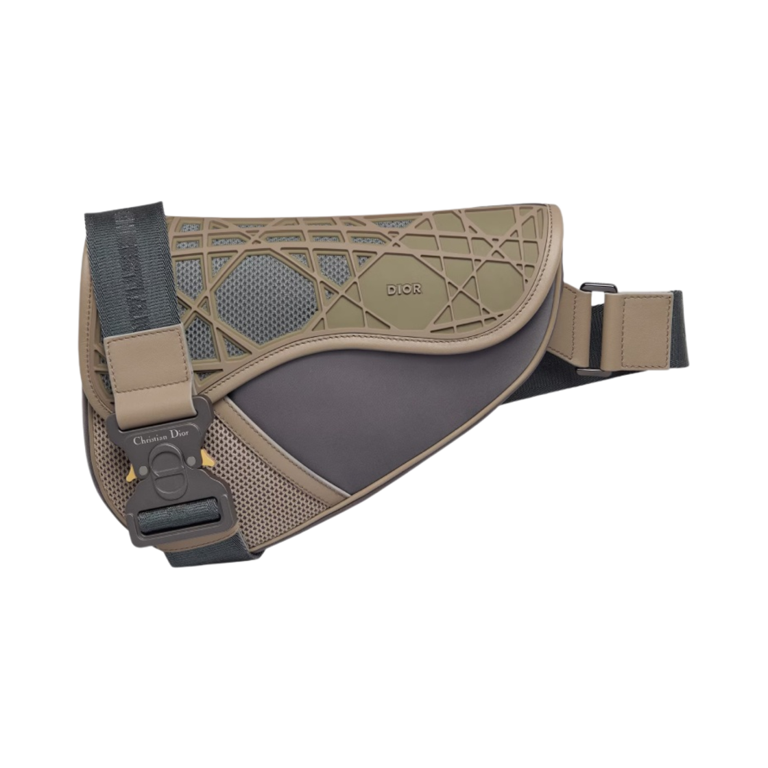 디올 새들 백 딥 그레이 베이지 스무스 카프스킨 업사이클 나일론 워프드 까나쥬 모티프 러버(Dior Saddle Bag Deep Gray Beige Smooth Calfskin Upcycled Nylon Warped Cannage Motif Rubber) - 1