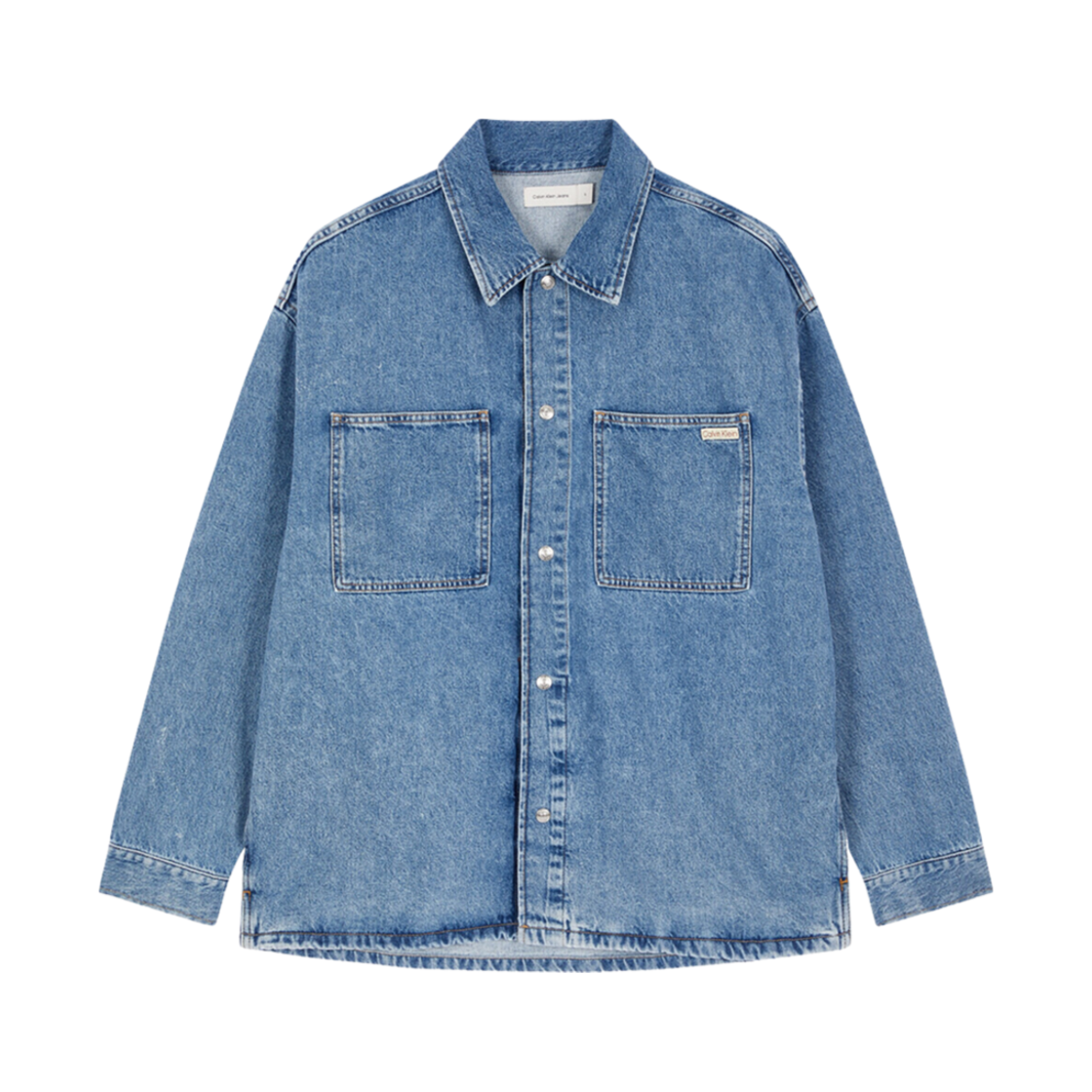 캘빈 클라인 리니어 데님 오버셔츠 미드 블루 백 엠브로우(Calvin Klein Linear Denim Overshirt Mid Blue Back Embro)