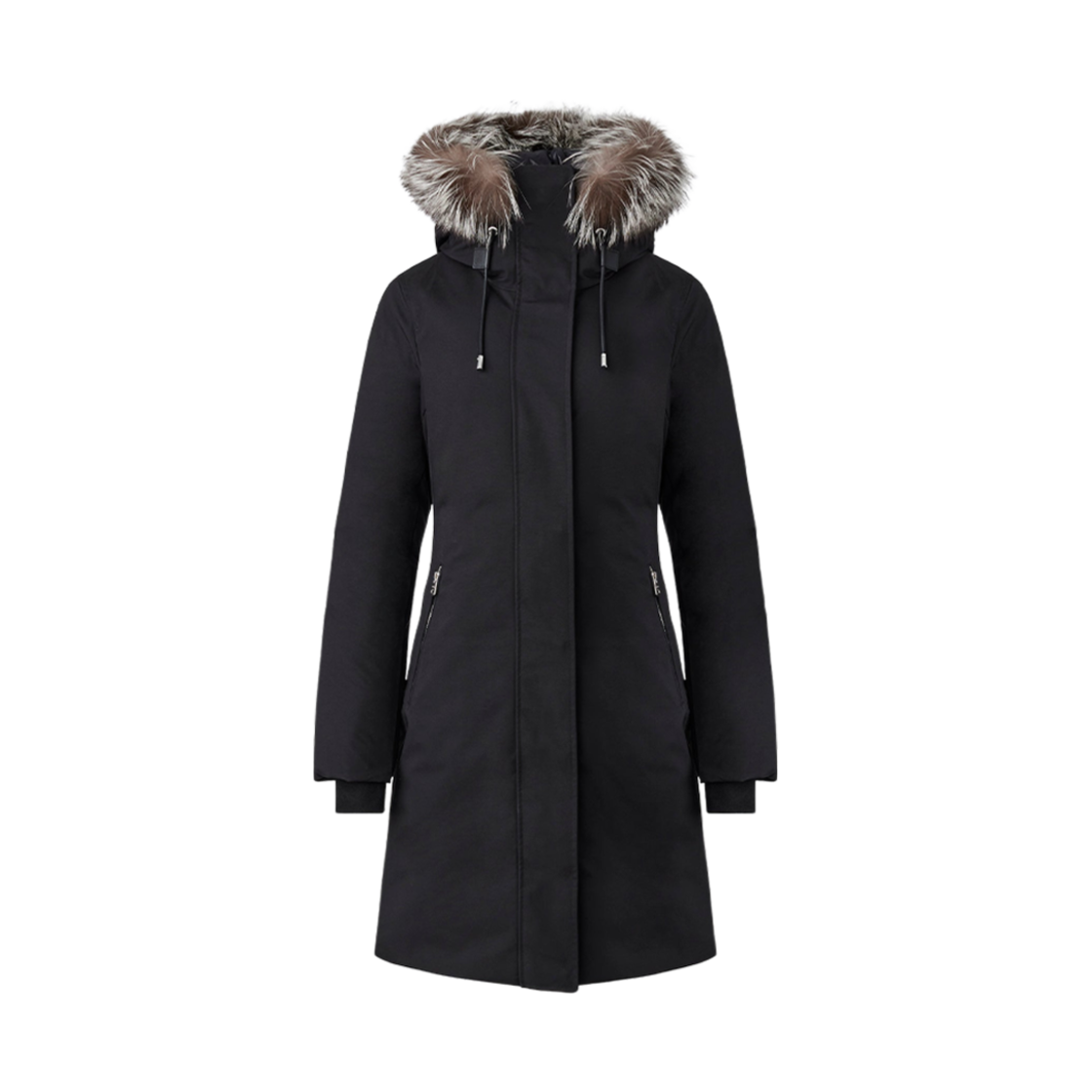 (W) 맥카지 실로 투인원 피티드 다운 코트 리무버블 빕 앤 실버 폭스 퍼 블랙((W) Mackage Shiloh 2-In-1 Fitted Down Coat With Removable Bib And Silver Fox Fur Black)