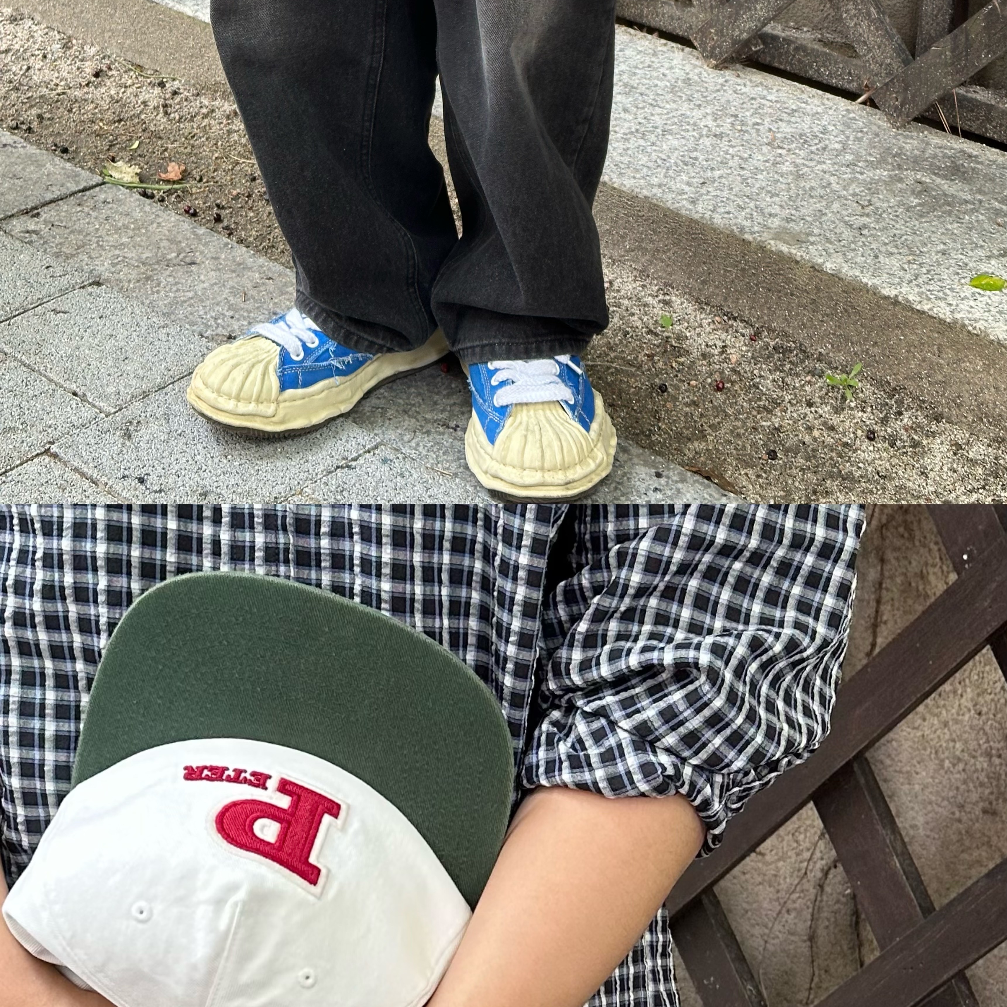 My Name is Peter Applique Cap White Green, Maison Mihara Yasuhiro Peterson VL OG Sole Canvas Low-top Sneakers CL BLue 착용 스타일 - 2
