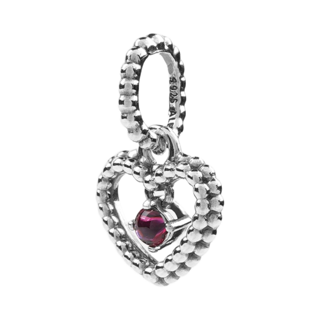 798854C02 (W) Pandora July Birthstone Beaded Heart Dangle Charm Sterling Silver Blazing Red