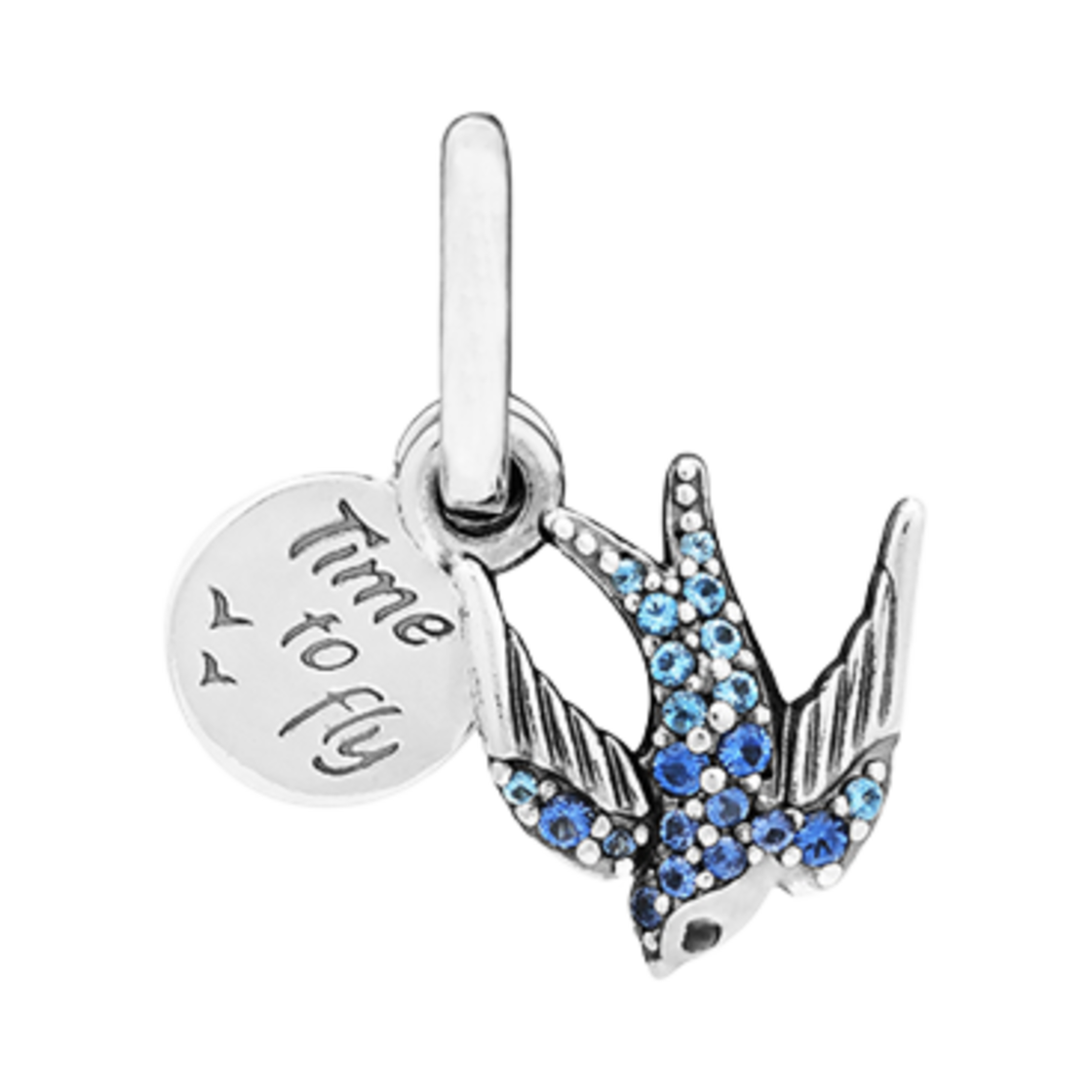 792570C01 (W) Pandora Sparkling Swallow & Quote Double Dangle Charm Sterling Silver Blue