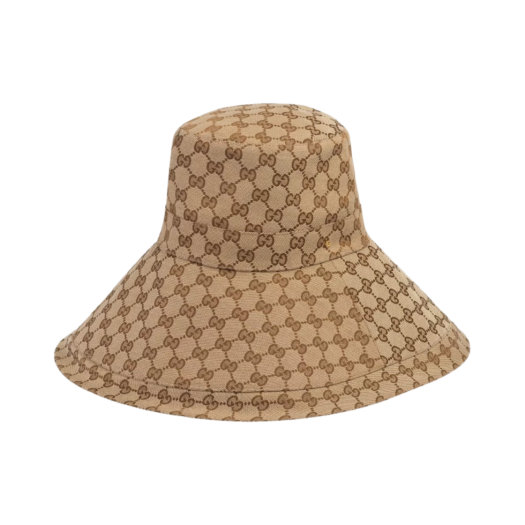 (W) Gucci GG Canvas Wide Brim Hat Beige Ebony