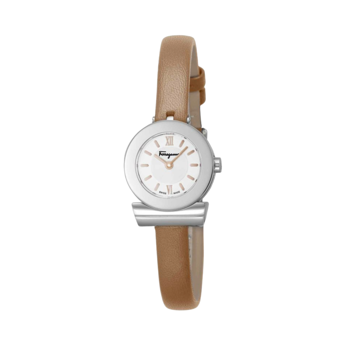(W) 페라가모 간치니 쿼츠 22.5mm 레더 실버 라이트 브라운((W) Ferragamo Gancini Quartz 22.5mm Leather Silver Light Brown)