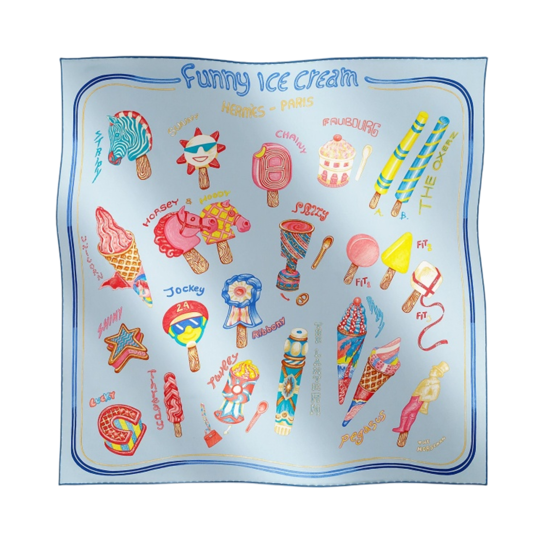 H984109S07 (W) Hermes Funny Ice Cream Scarf 70 Bleu Ciel Rose Bonbon Jaune
