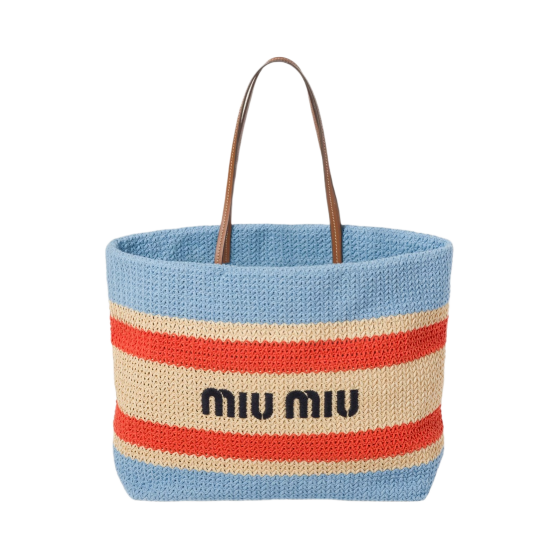 5BG228-2DO3-F0O8A Miu Miu Raffia and Cotton Tote Bag Tan Light Blue
