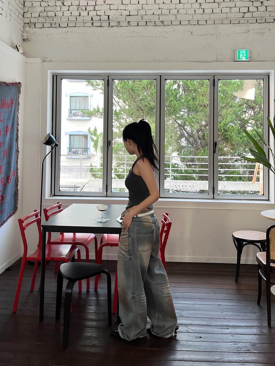BLR Double BLR Logo Sleeveless Grey, BLR Punched Dirty Wide Denim Pants Light Blue 착용 스타일