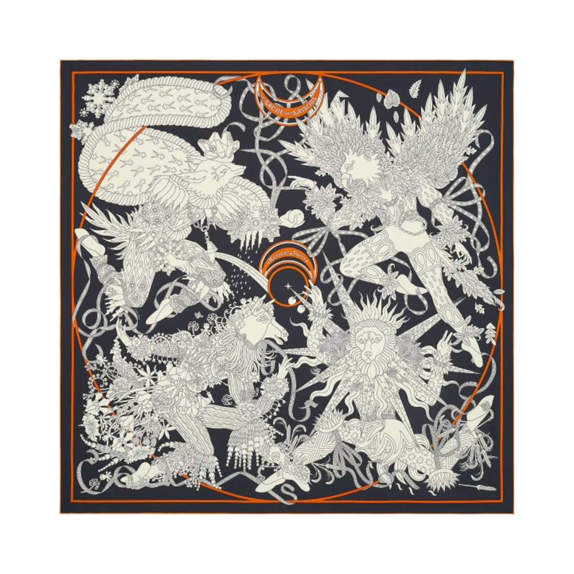 (W) 에르메스 르 사크레 데 쎄종 스카프 90 블루 누아 크렘 포티론((W) Hermes Le Sacre des Saisons Scarf 90 Bleu Noir Creme Potiron) - 1