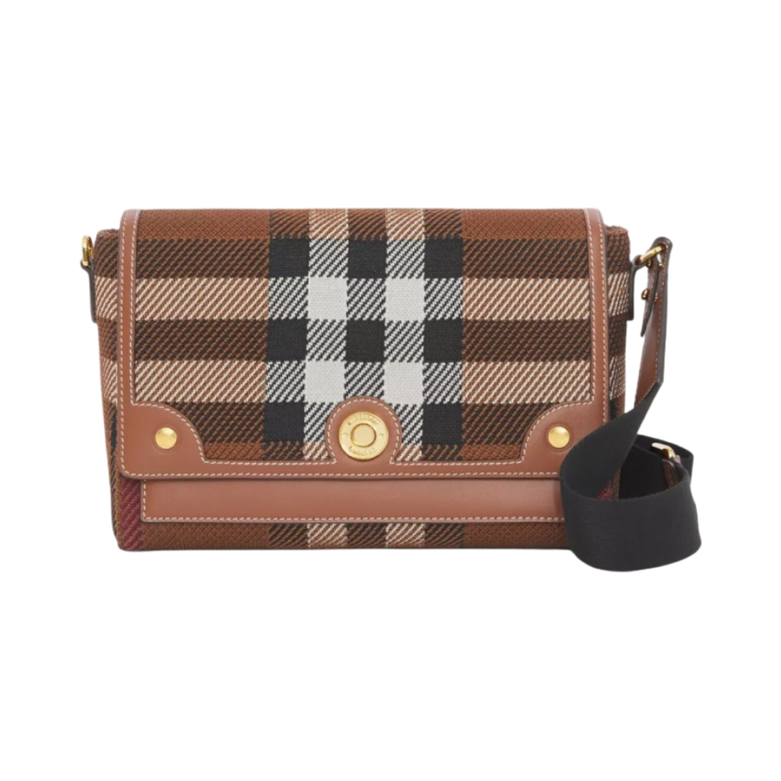8049148 Burberry Knitted Check Leather Note Crossbody Bag Dirk Birch Brown