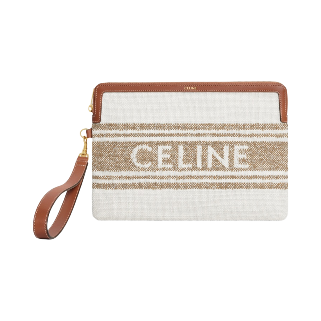 셀린느 스트라이프 텍스타일 셀린느 자카드 스트랩 스몰 파우치 브라운 베이지(Celine Small Pouch with Strap in Striped Textile with Celine Jacquard Brown Beige) - 1