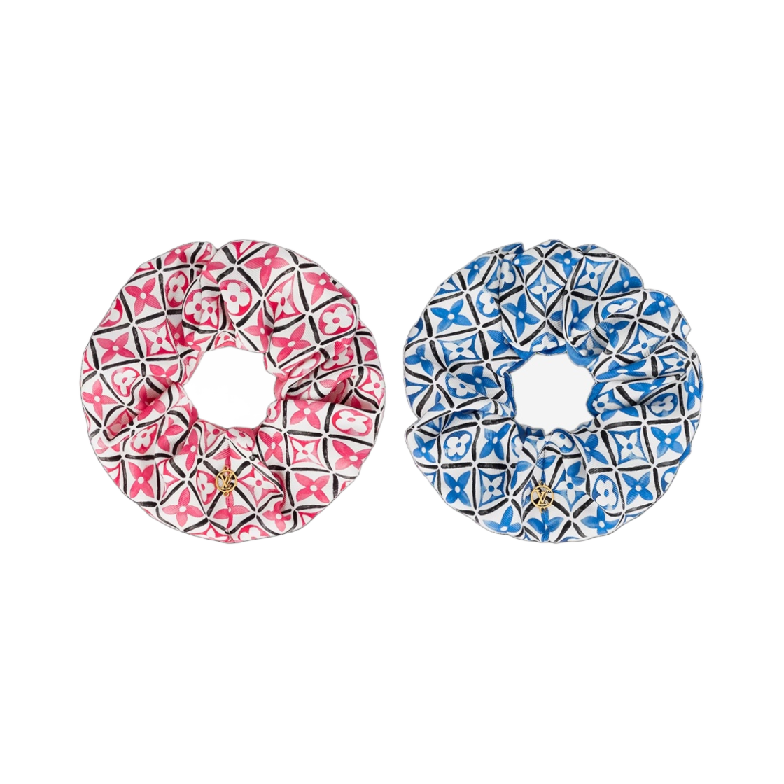 (W) 루이비통 모노그램 플라워 타일 모티프 슈슈 세트 핑크 블루((W) Louis Vuitton Monogram Flower Tile Motif Chouchous Set Pink Blue) - 1