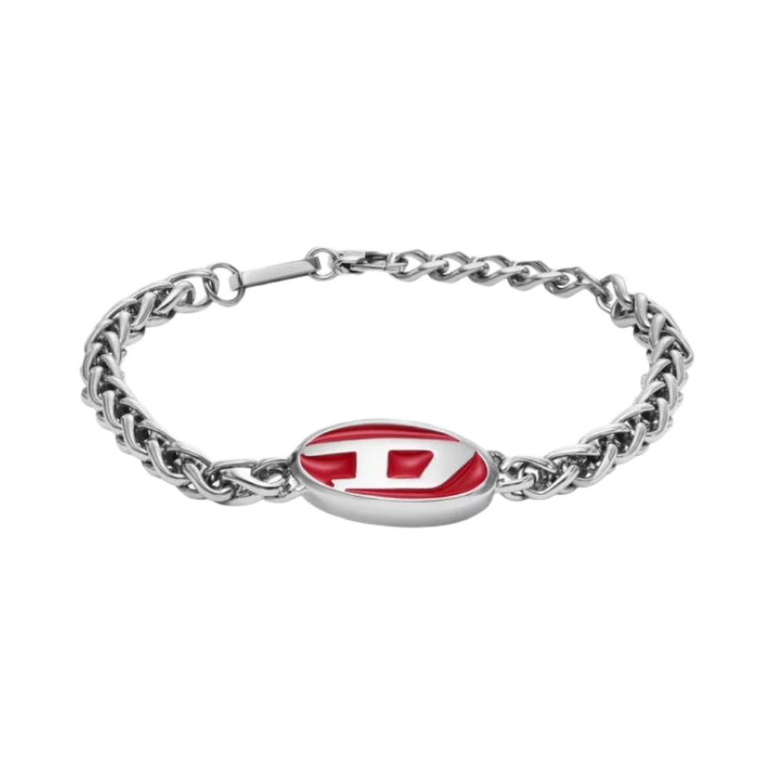 디젤 Dx1445 레드 에나멜 스테인리스 스틸 체인 브레이슬릿 실버(Diesel Dx1445 Red Enamel and Stainless Steel Chain Bracelet Silver)