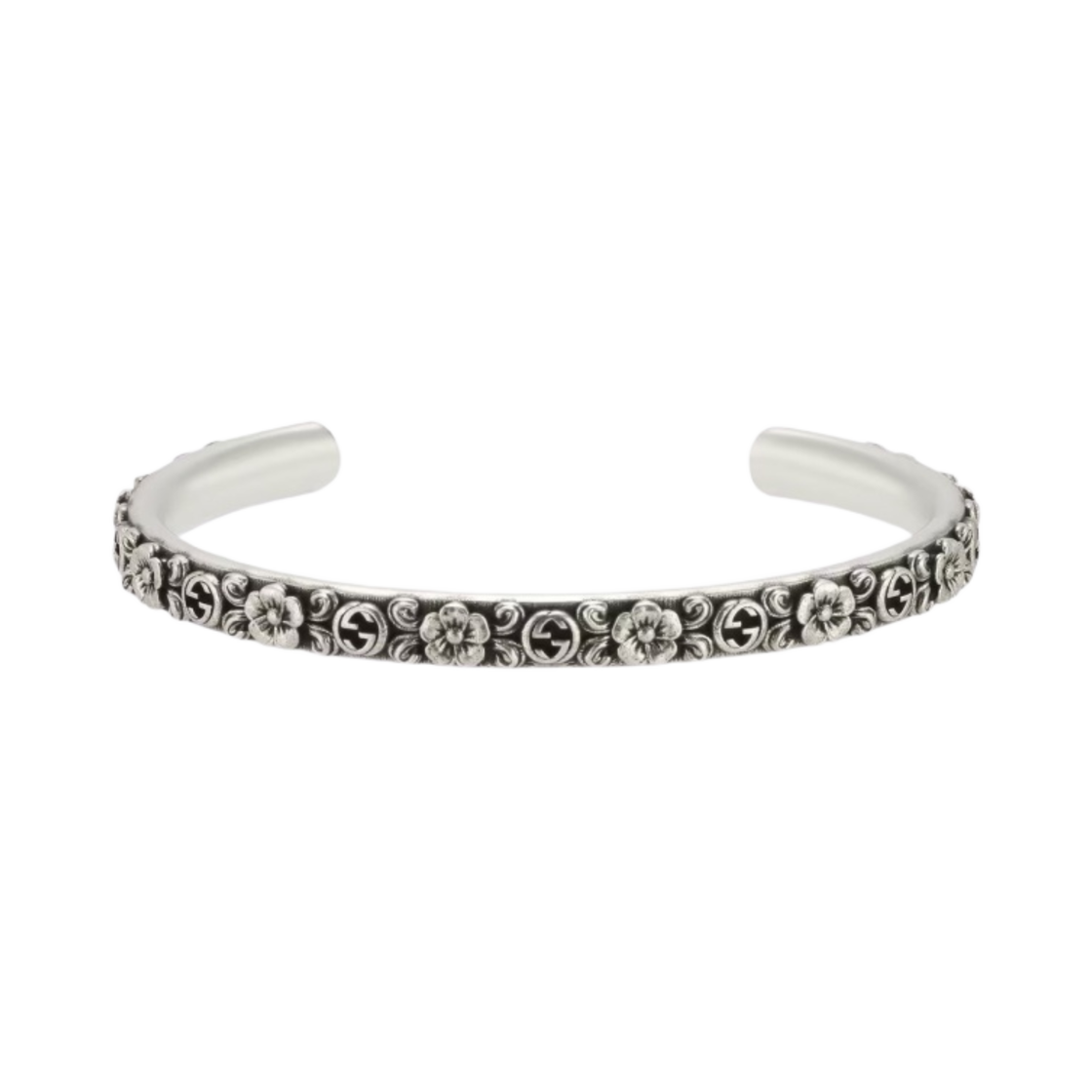 구찌 인터로킹 G 커프 플라워 실버 에이지드 피니쉬(Gucci Interlocking G Cuff With Flowers Silver Aged Finish) - 1