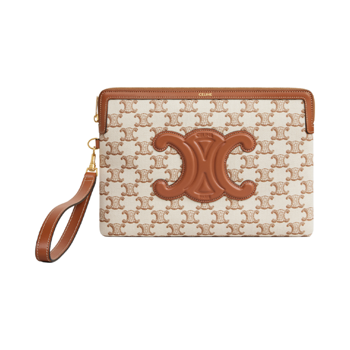 셀린느 스몰 파우치 스트랩 셀린느 시그니쳐 텍스타일 트리옹프 프린트 카프스킨 화이트(Celine Small Pouch with Strap Celine Signature in Textile with Triomphe Print Calfskin White) - 1