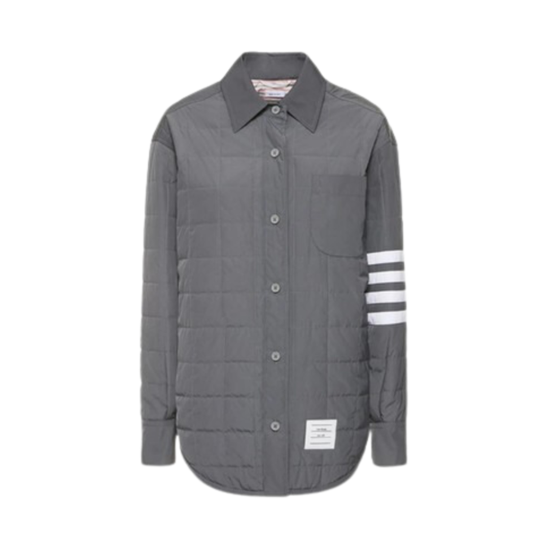 FLD008X-07259-035 (W) Thom Browne Intarsia 4-Bar Poly Twill Quilted Tech Down Shirt Jacket Medium Grey