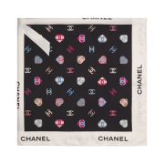 (W) Chanel Square Scarf Silk Twill & Ecru Black
